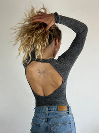 Vintage Glitter Bodysuit Silver Backless Long Sleeve Polyester – S