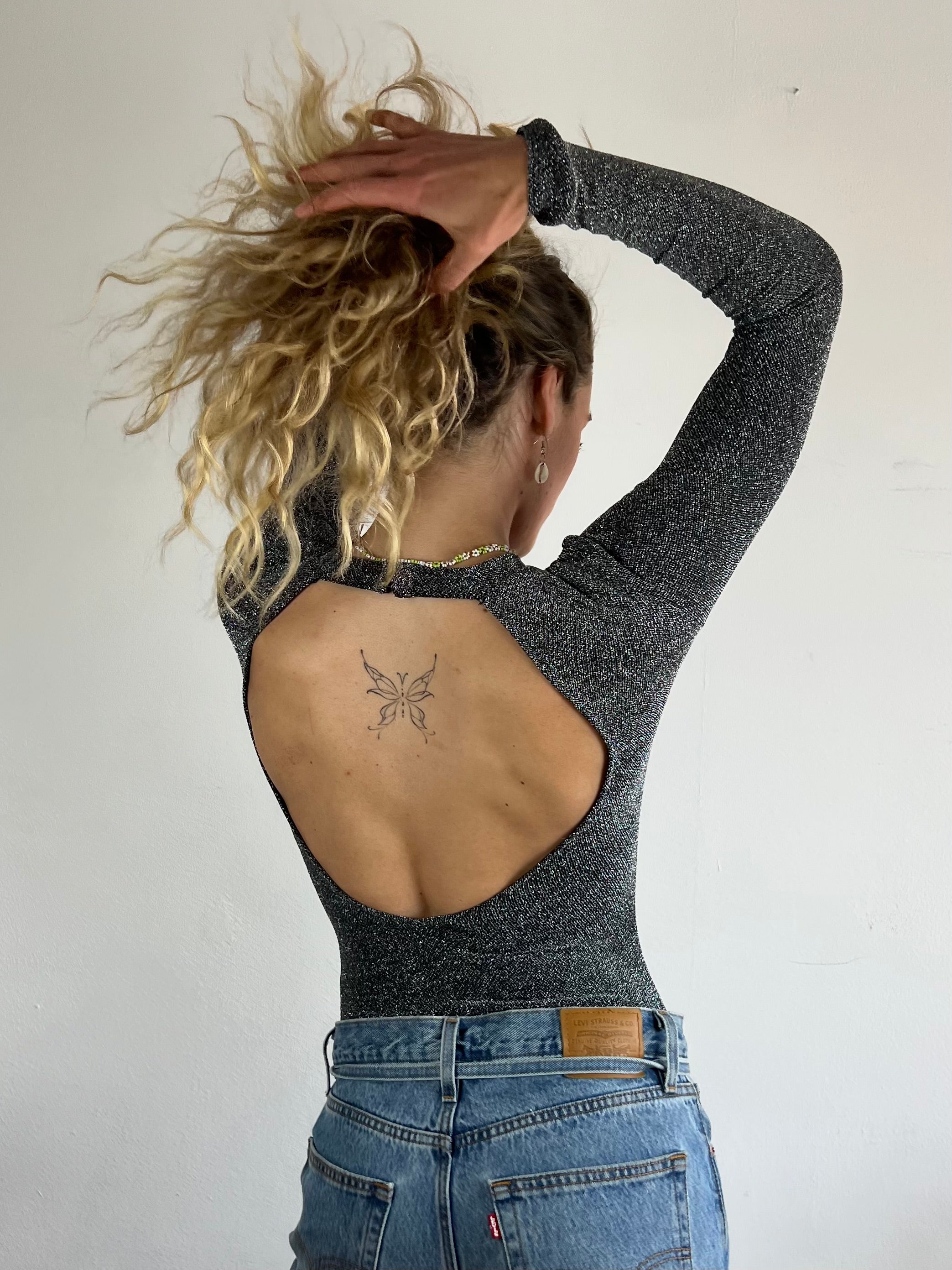 Vintage Glitter Bodysuit Silver Backless Long Sleeve Polyester – S