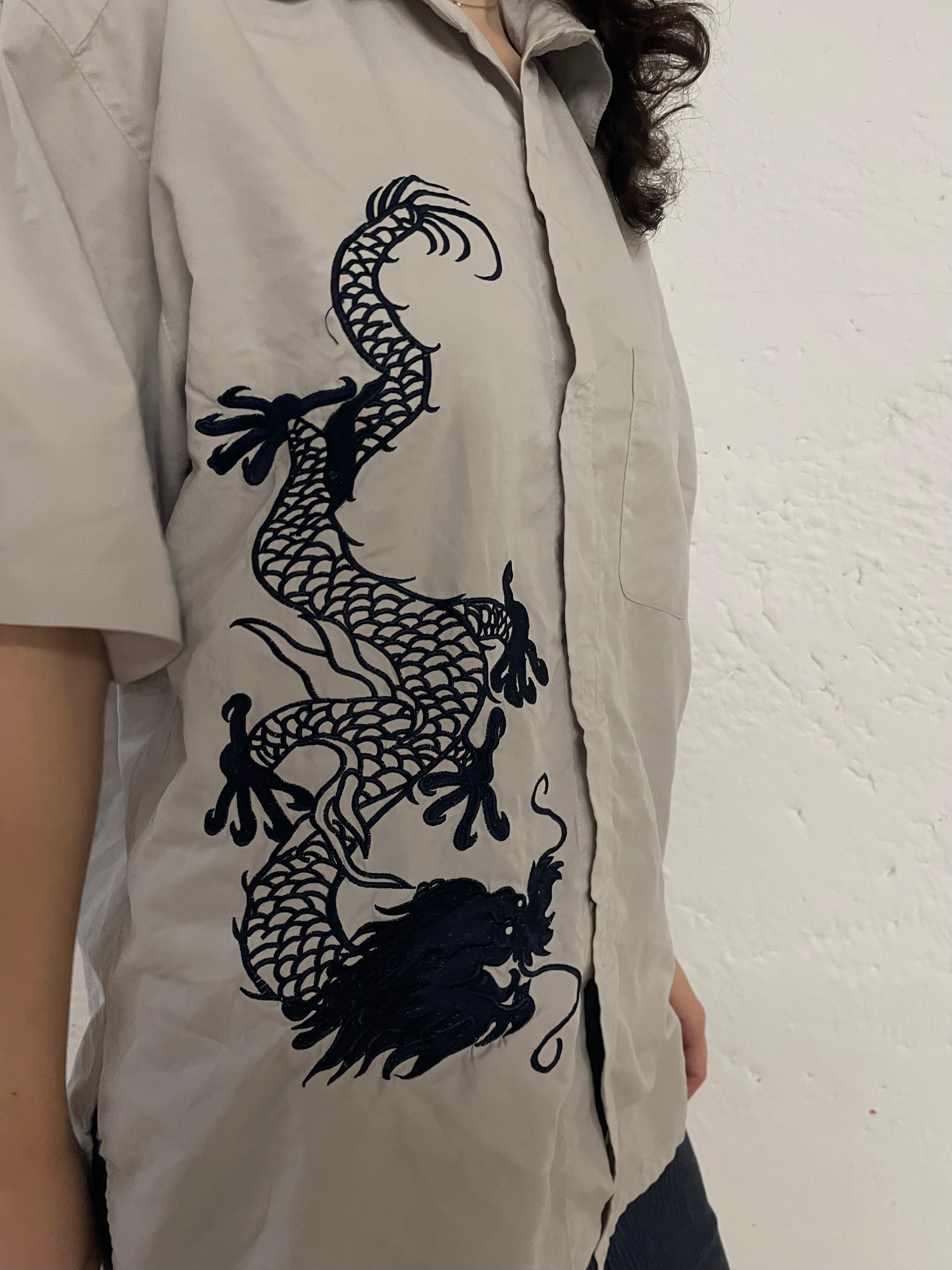 Vintage Hawaii Shirt Grey Dragon Patch & Short Sleeve – L