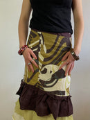 Skirt Vintage Y2K Brown Cream Yellow Ochre Patterned Cotton-Blend Women – S