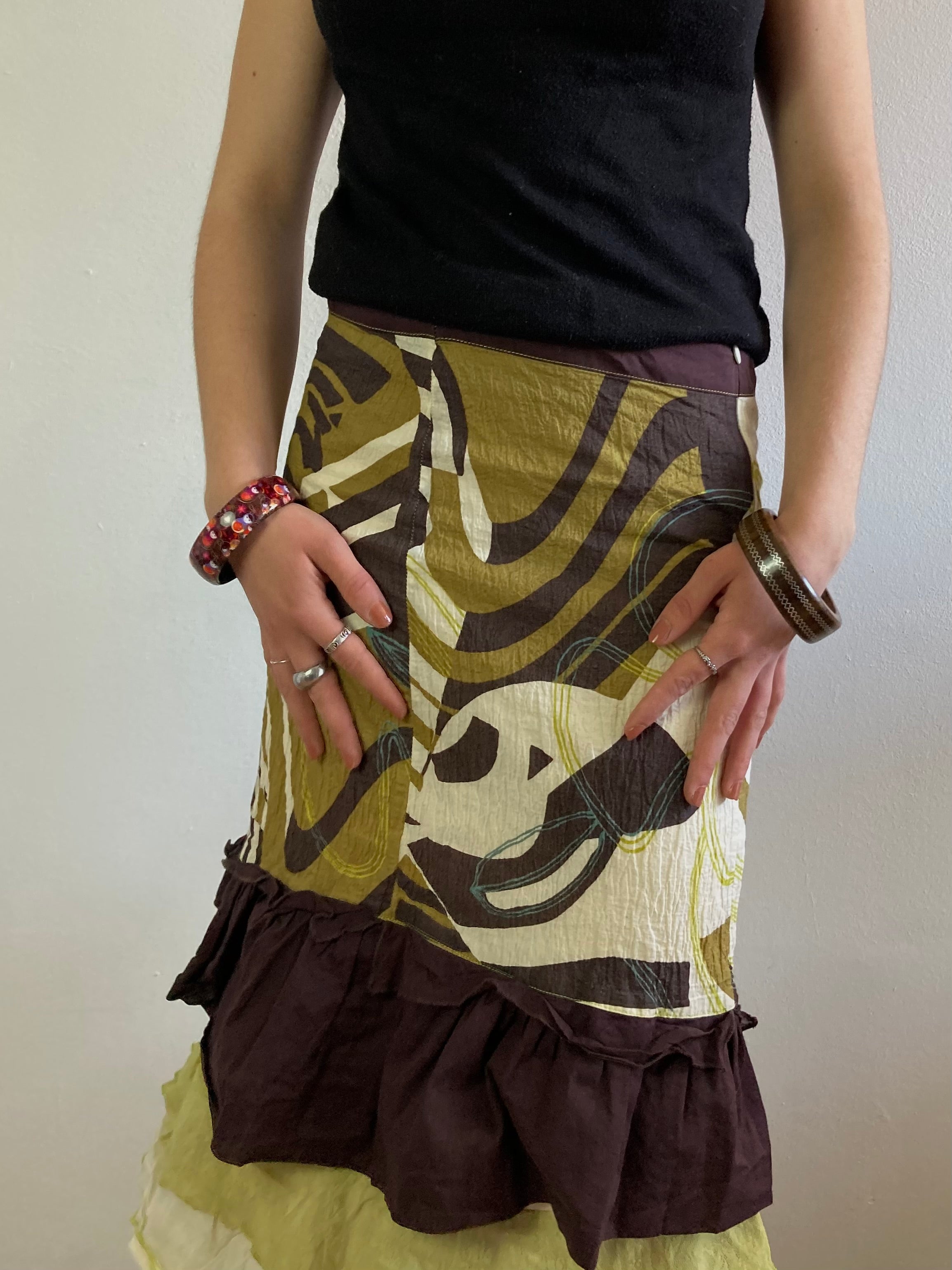 Skirt Vintage Y2K Brown Cream Yellow Ochre Patterned Cotton-Blend Women – S