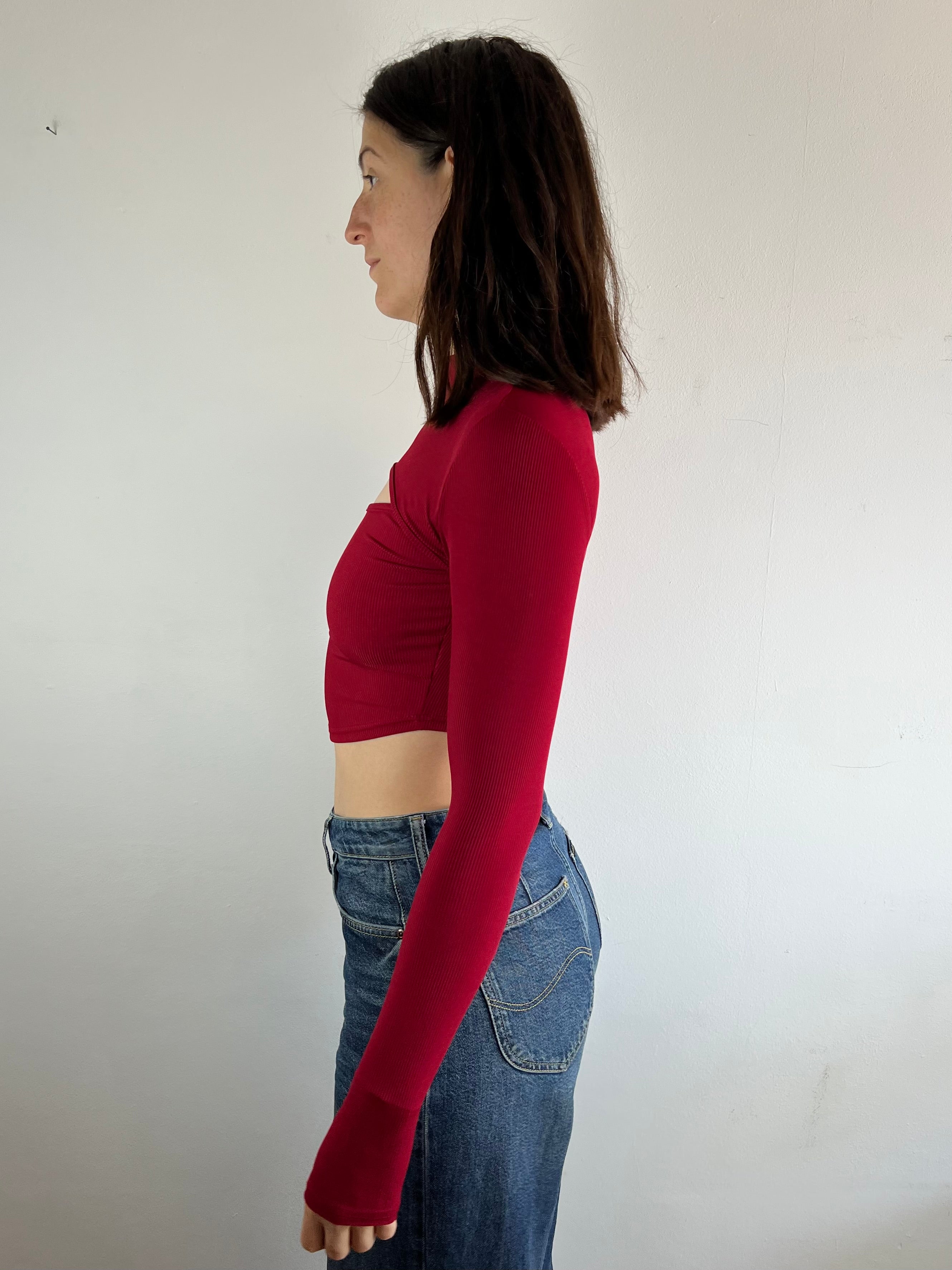 Longsleeve Backless Shirt Red Slim Fit Layering Stretchy Crop Top – S/M