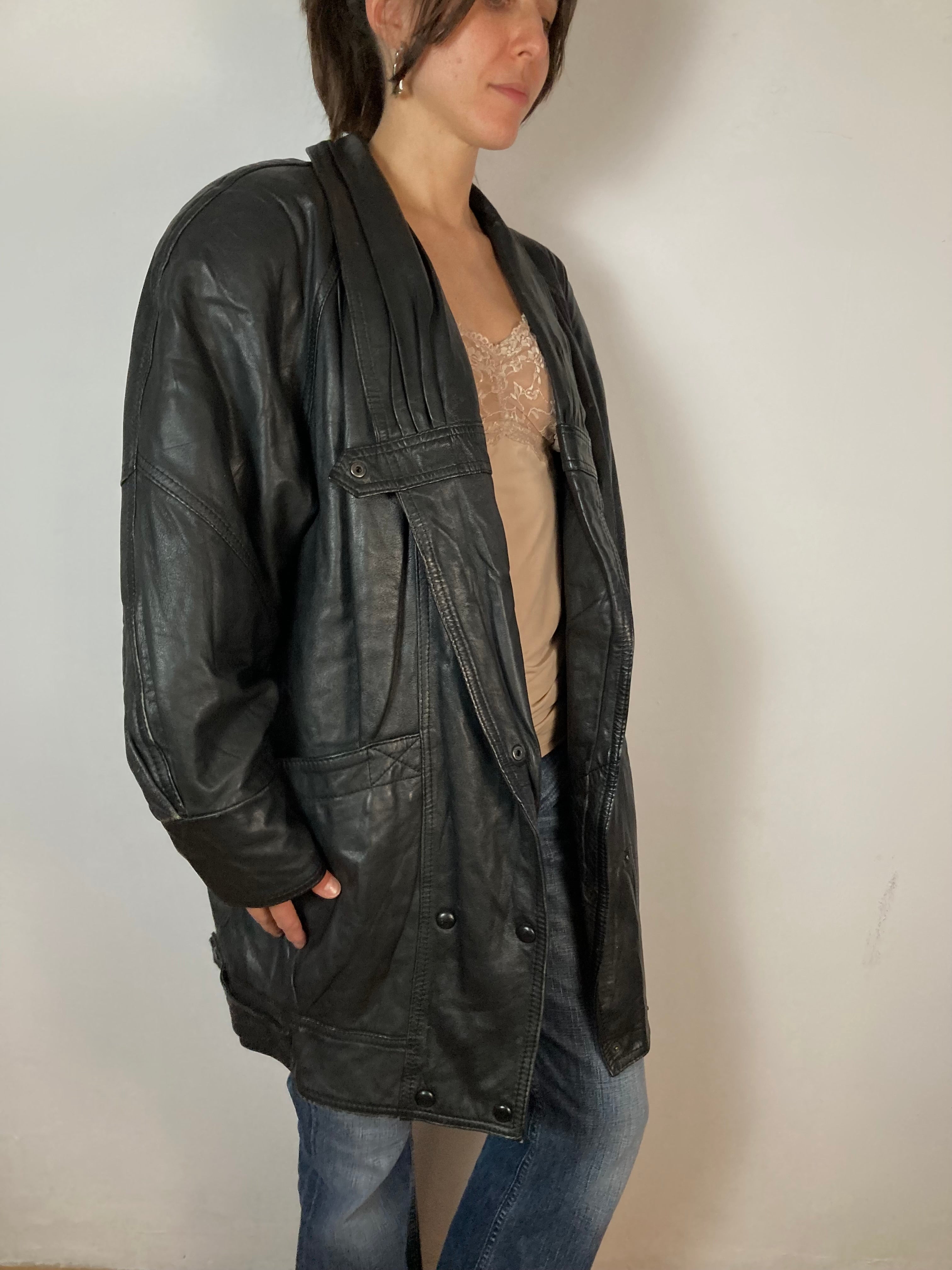 Leather Jacket Vintage Plush Sleeve Black Genuine Leather Oversized Unisex – L