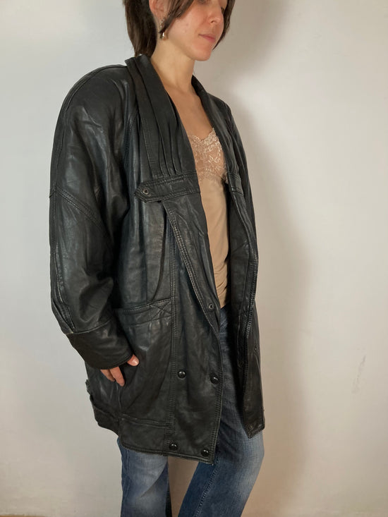 Leather Jacket Vintage Plush Sleeve Black Genuine Leather Oversized Unisex – L