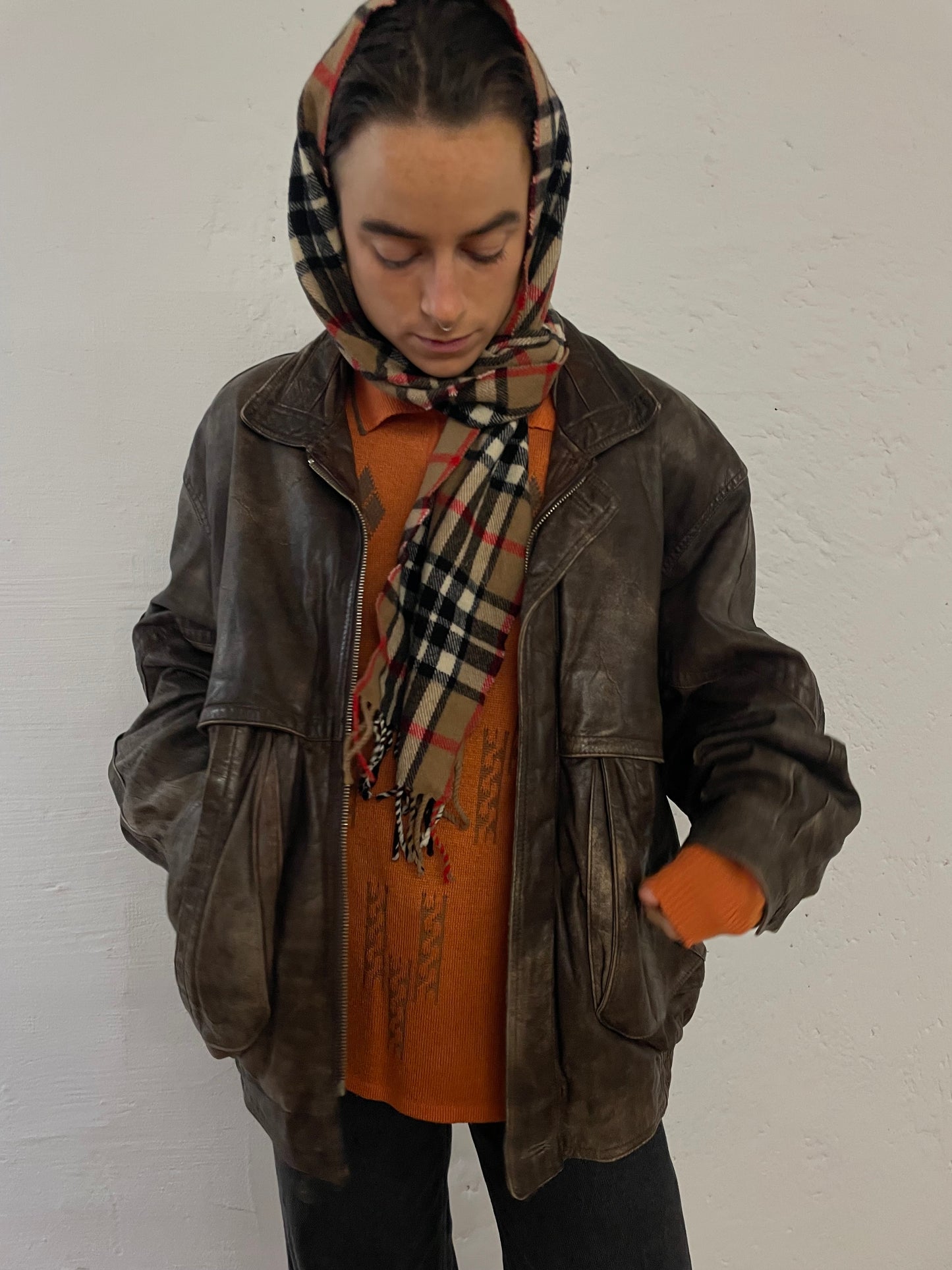 Vintage Trapper Leather Jacket Dark Brown Oversized Unisex - L