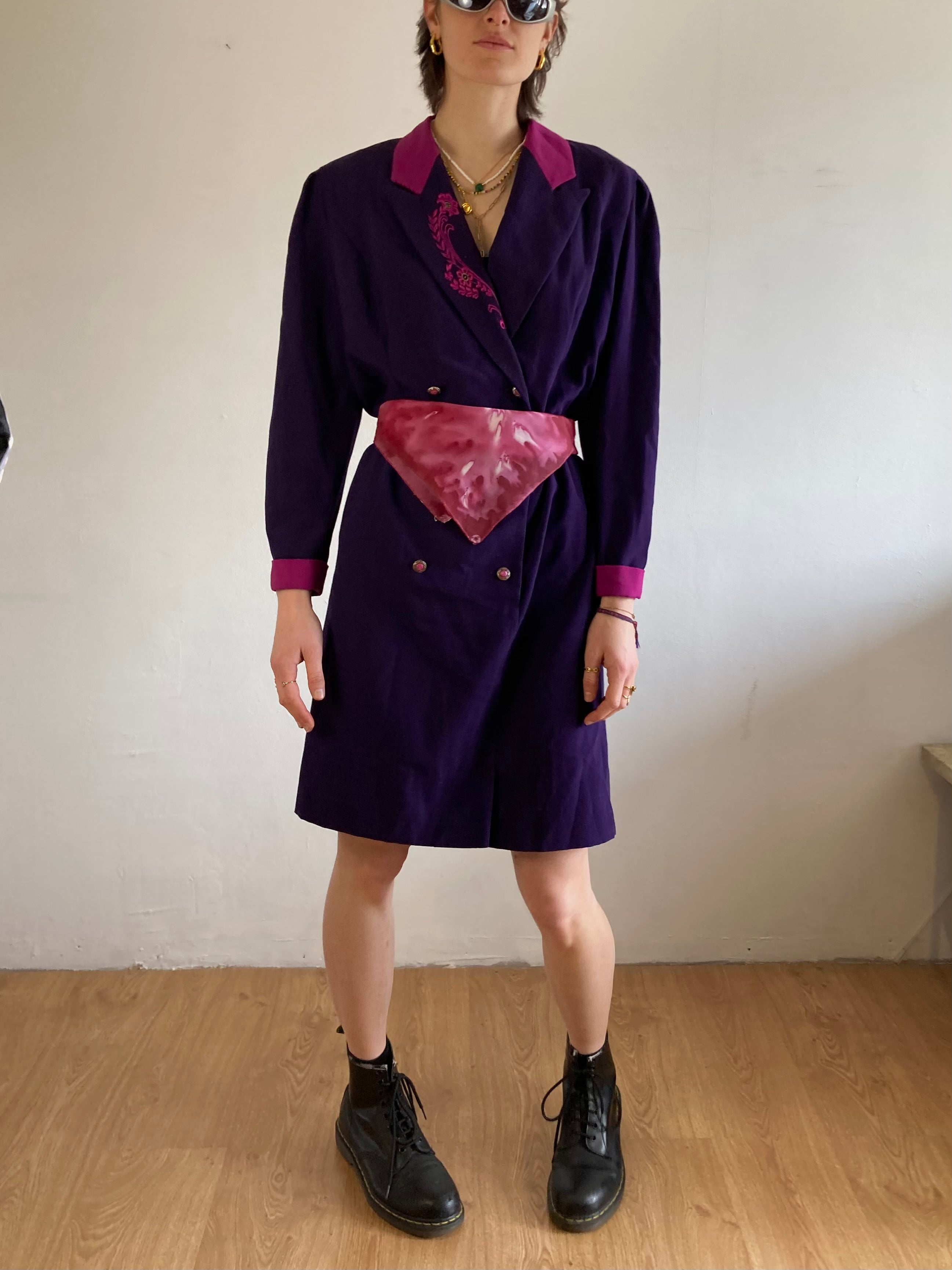 Coat Vintage Purple Floral Embroidered Collar Trench Women – M
