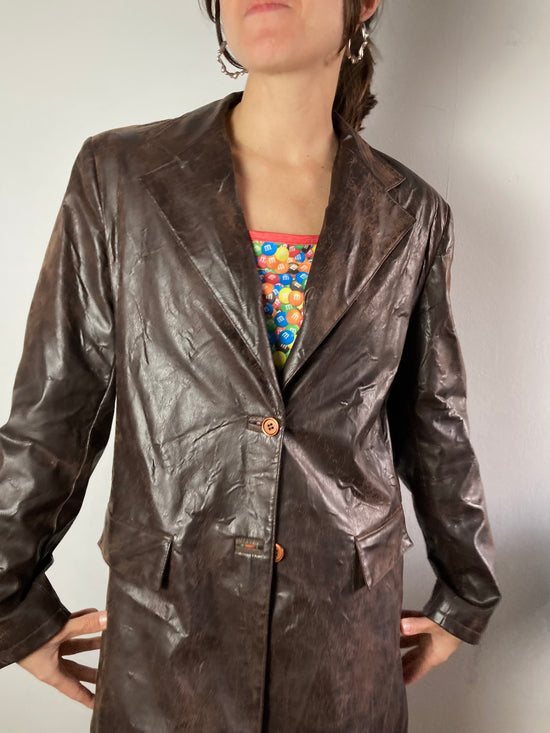 Coat Vintage Long Faux Leather Brown Lightweight Spring Women – M