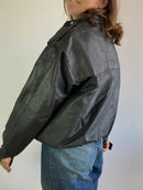 Leather Jacket Vintage Black Shoulder Detail Oversized Unisex – M