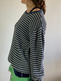 Sweater Vintage Blue White Striped Oversized Cotton Unisex – L
