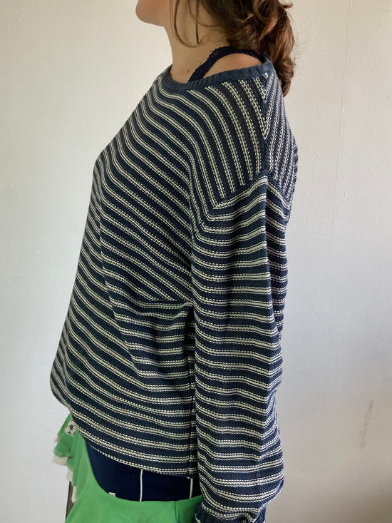 Sweater Vintage Blue White Striped Oversized Cotton Unisex – L