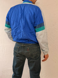Vintage Track Jacket Blue White & Turquoise Polyester Unisex – L