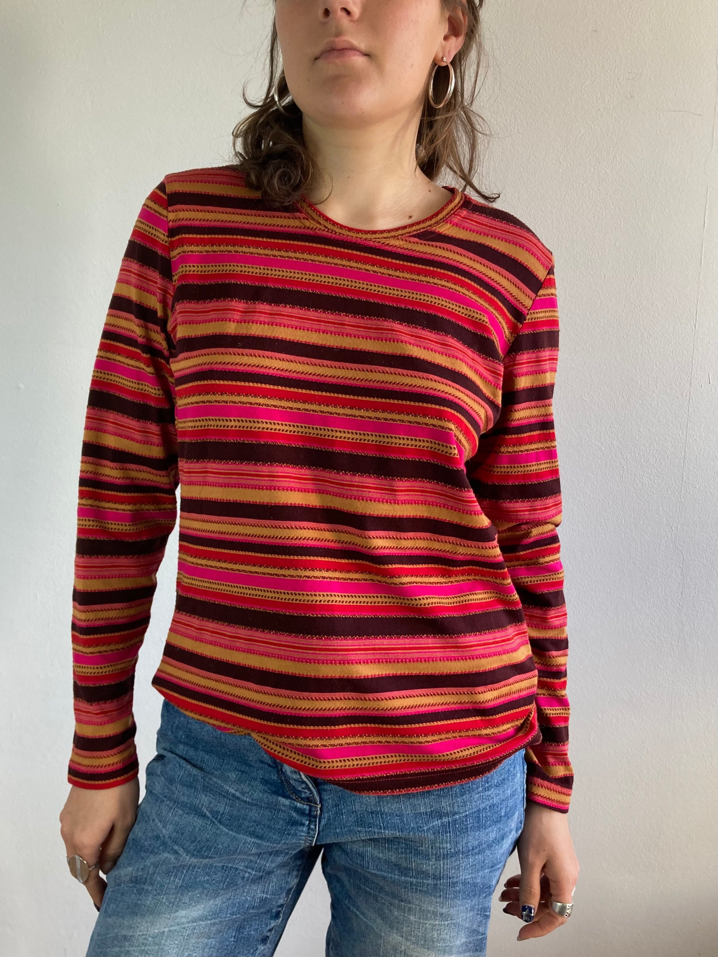 Shirt Vintage Red Black Purple Striped Longsleeve Oversized Unisex – M