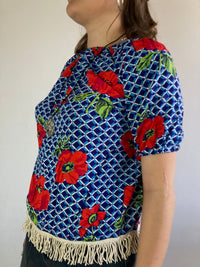 Top Vintage Blue Red Floral Shoulder Cotton-Blend Women – S
