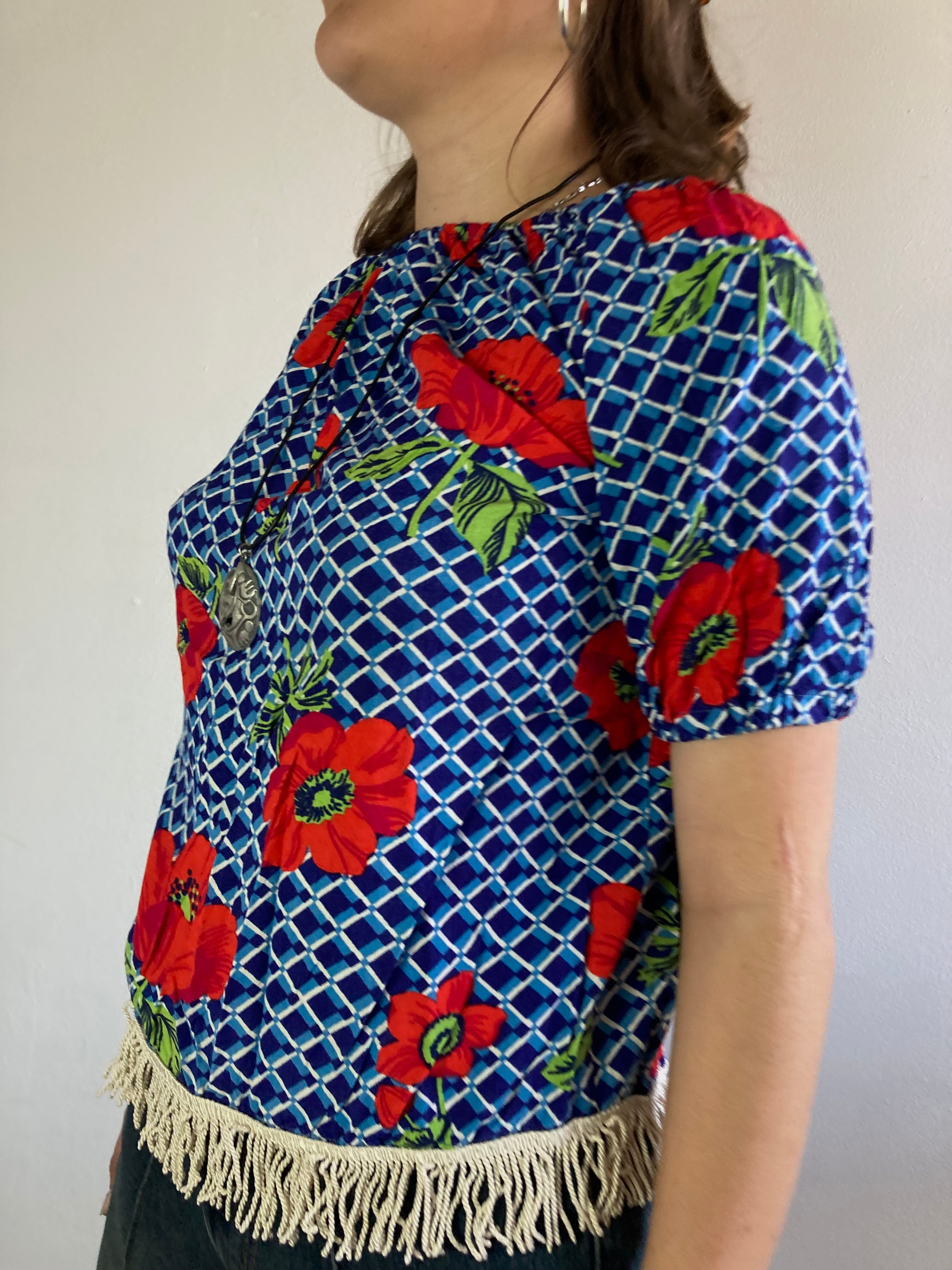 Top Vintage Blue Red Floral Shoulder Cotton-Blend Women – S