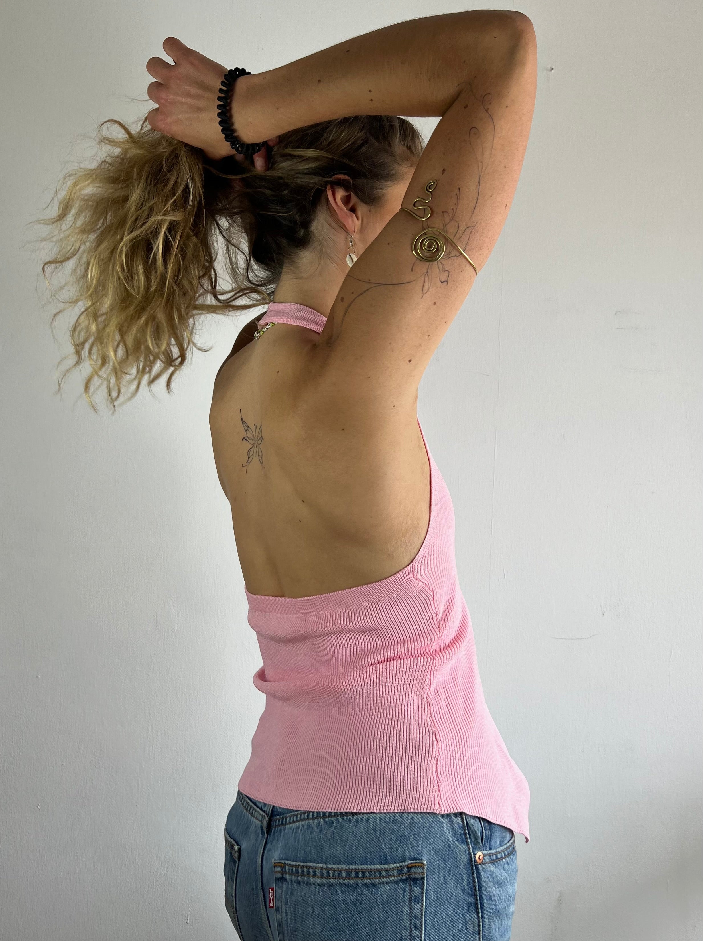 Tank Top Vintage Floral Cropped Summer Pink – M