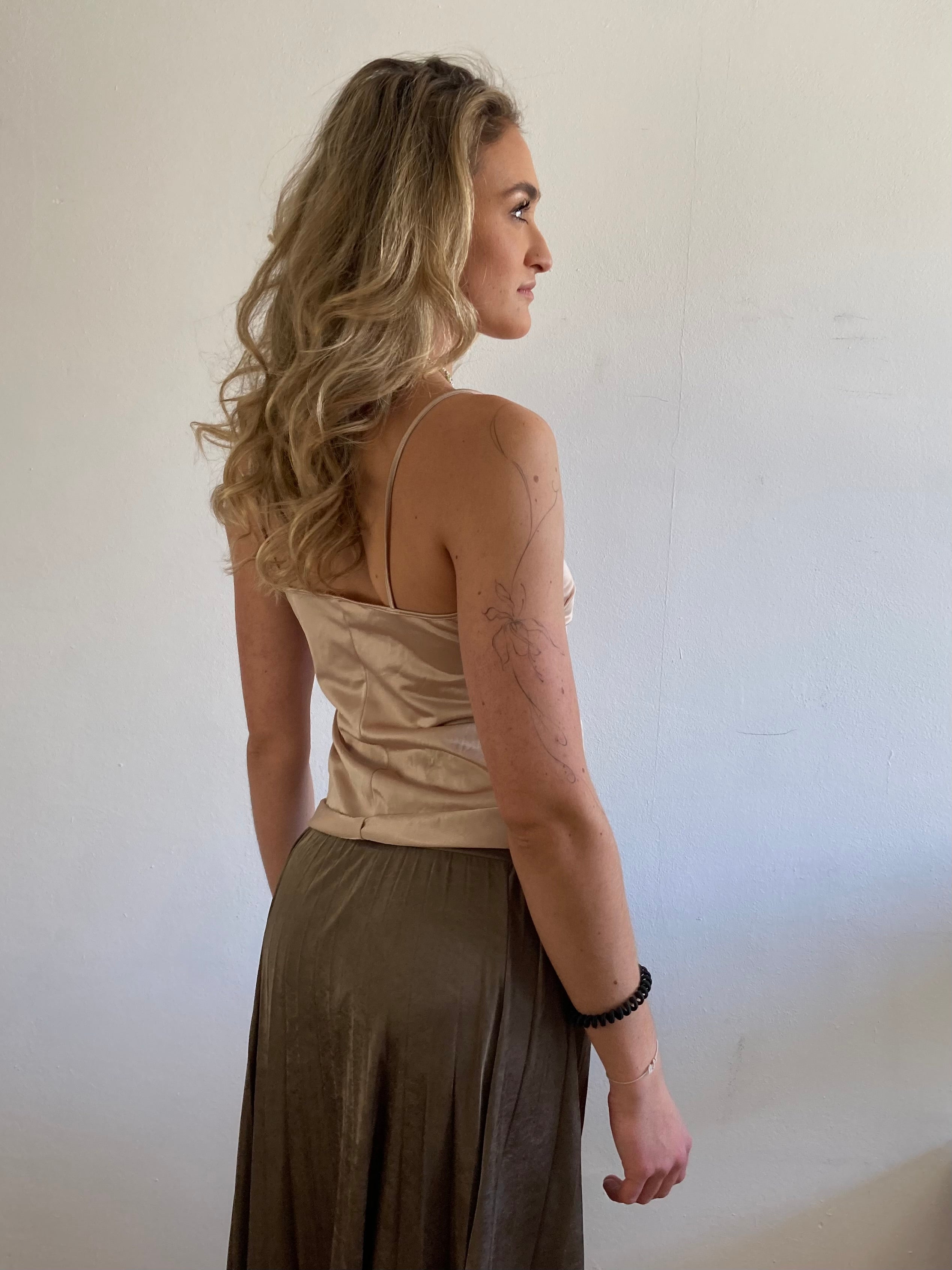 Skirt Vintage Long Layering Elastic Waist Silver Brown Ochre Mos Mosh Women – M