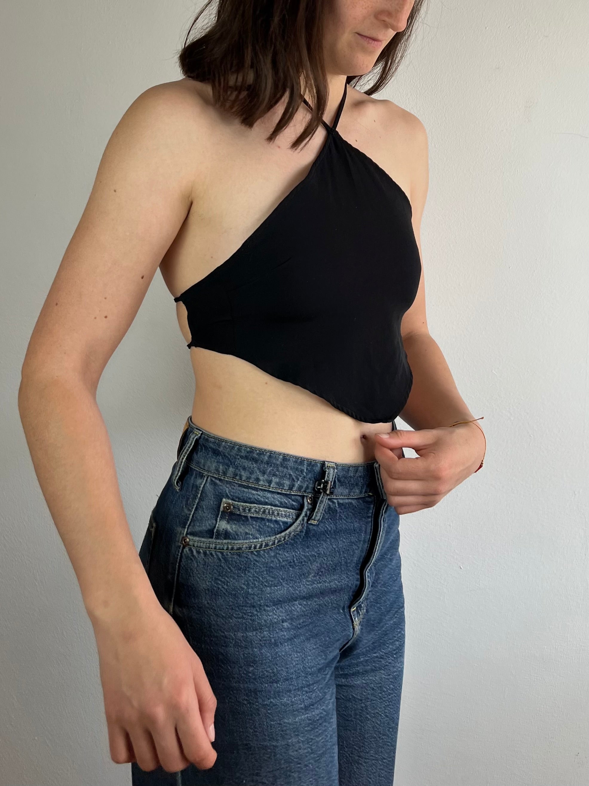 Top Shirt Tie Front Top Black Cotton Blend – S