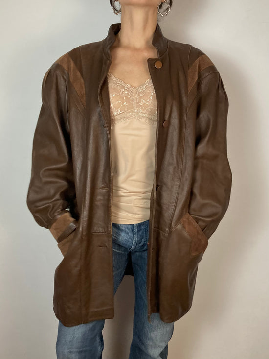 Jacket Vintage Keginapary Leather Coat Brown Plush Sleeve Women – M/L