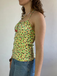 Top Vintage Yellow Elastic Cherry Beaded Summer Women – S