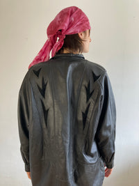 Leather Jacket Vintage Black Patterned Real Leather Unisex Oversized – M/L