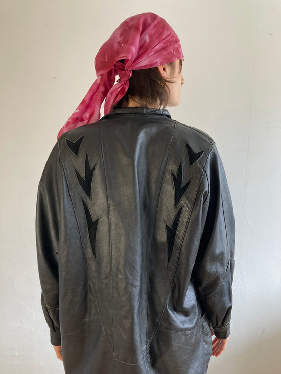 Leather Jacket Vintage Black Patterned Real Leather Unisex Oversized – M/L
