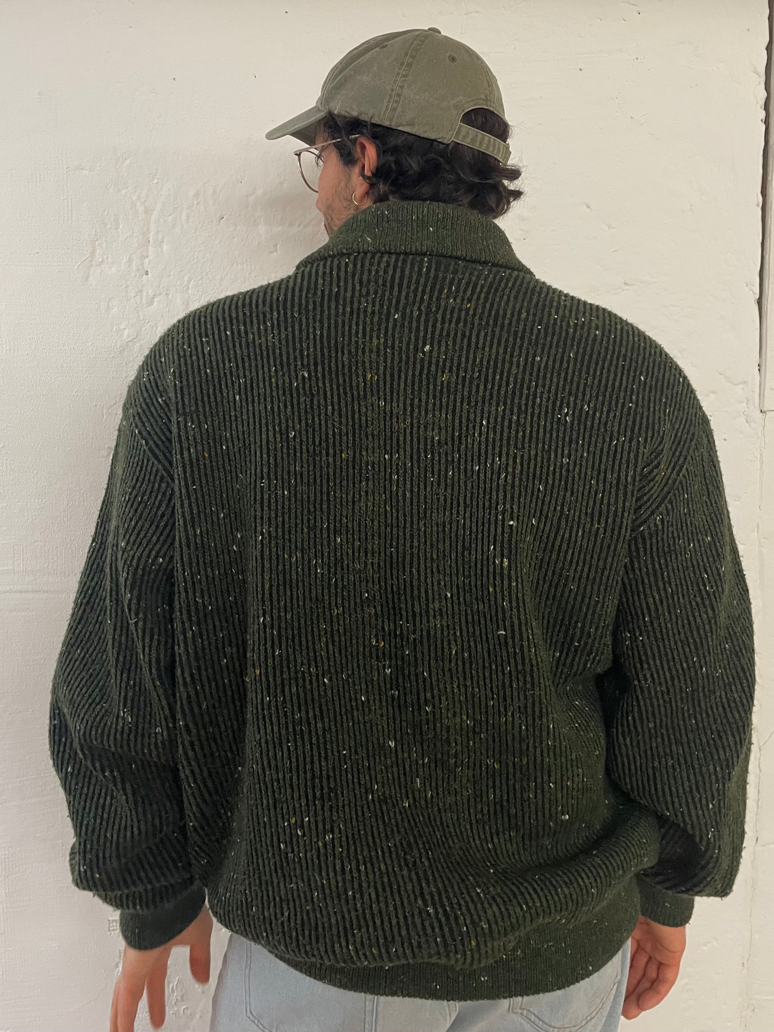 Vintage Oversized Wool Jacket Warm Thick Winter Patterned Green – L