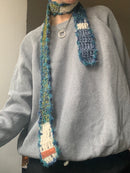 Handmade Merino Wool Striped Scarf Long Moss Green White Fuzzy Blue – One Size