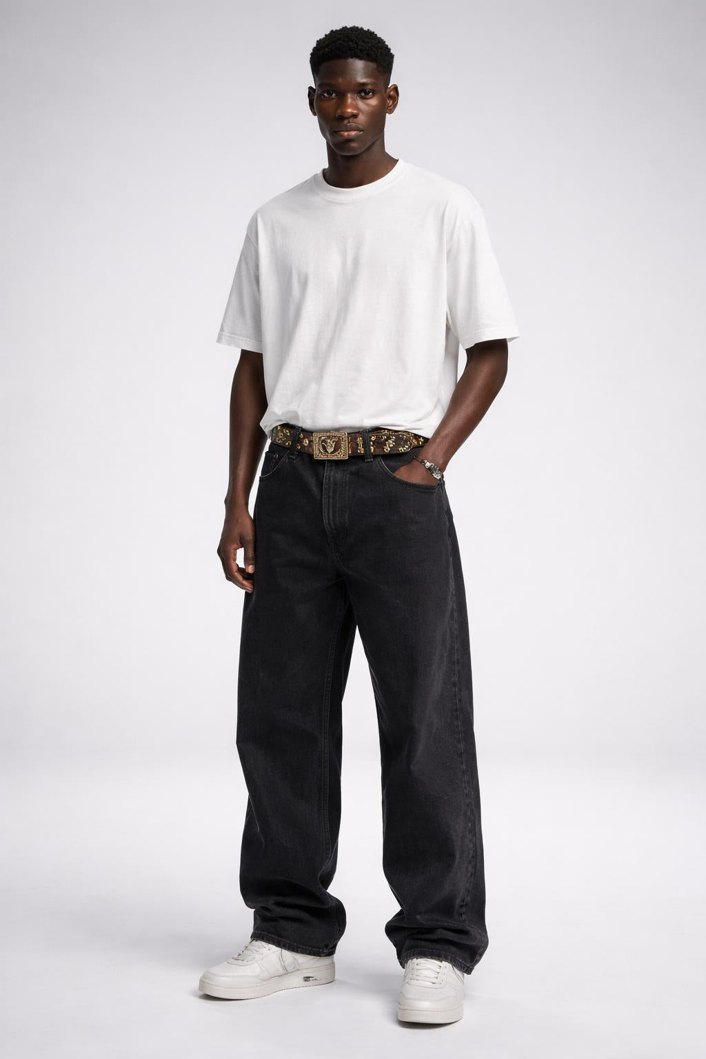 Belt Playboy Black Gold Logo Pattern Rhinestone Buckle – One Size