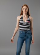 Gestreiftes Neckholder Badeanzug-Top - Beach Girl Print