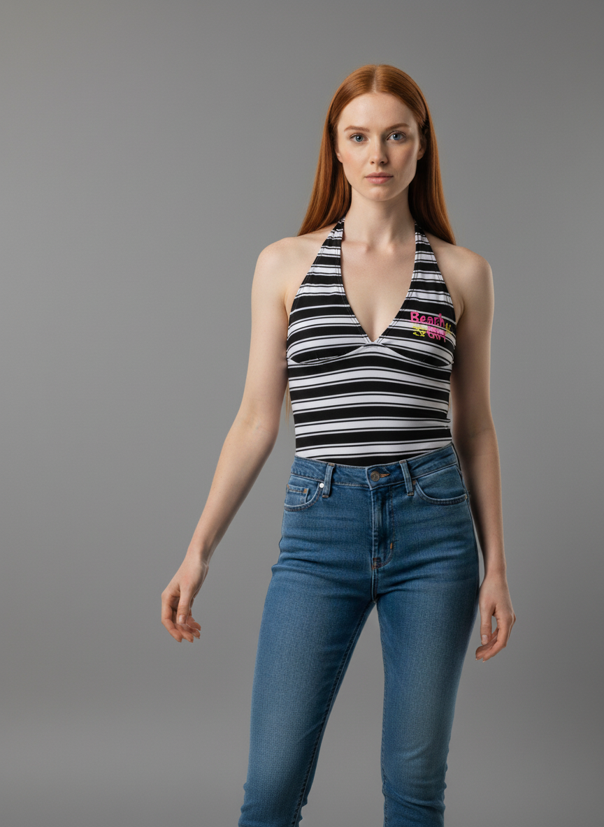 Gestreiftes Neckholder Badeanzug-Top - Beach Girl Print