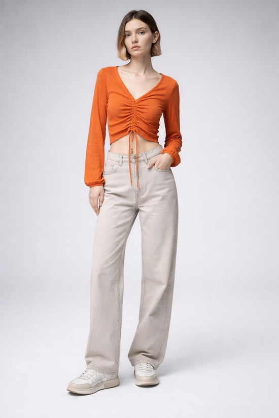 Top Y2K Casual Ribbed Drawstring Detail – S/M