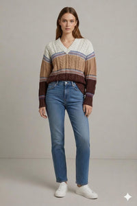 Mehrfarbiger Strickpullover mit V-Ausschnitt und Blockstreifen