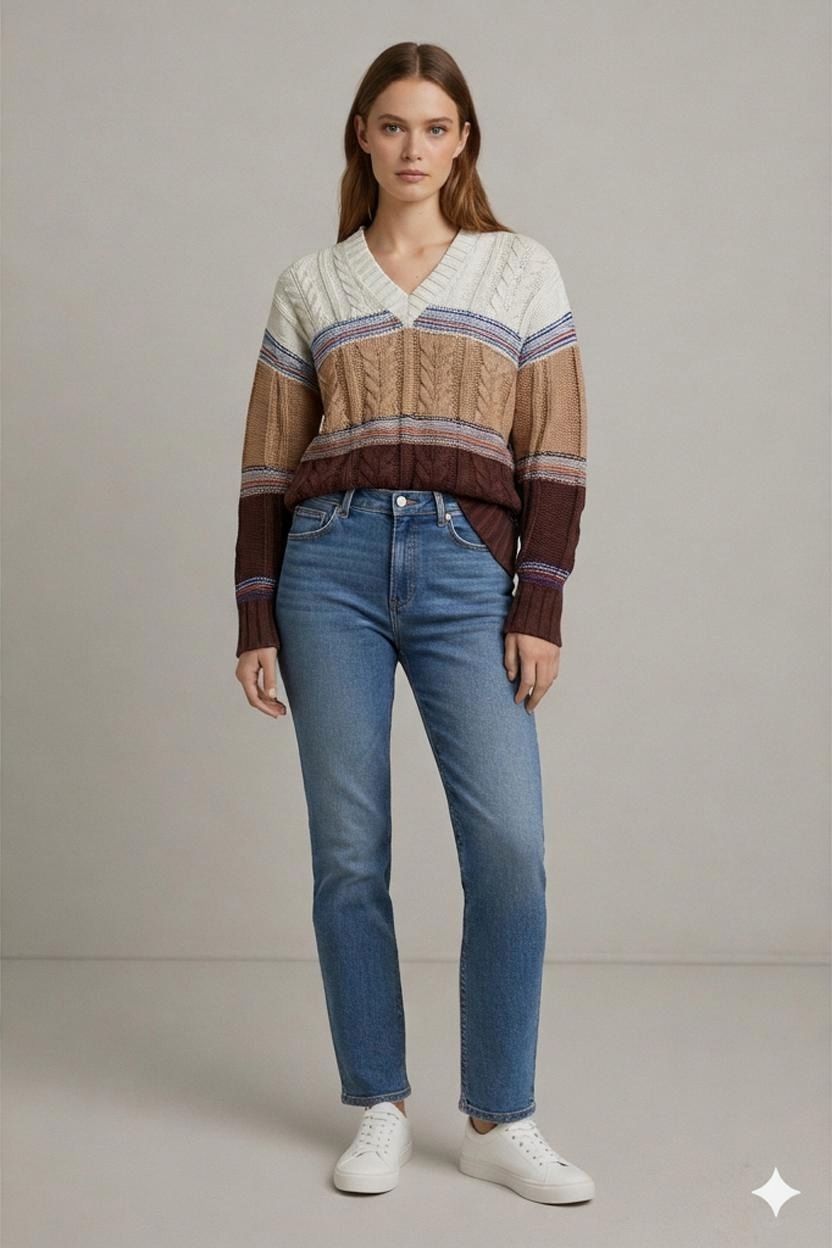 Mehrfarbiger Strickpullover mit V-Ausschnitt und Blockstreifen