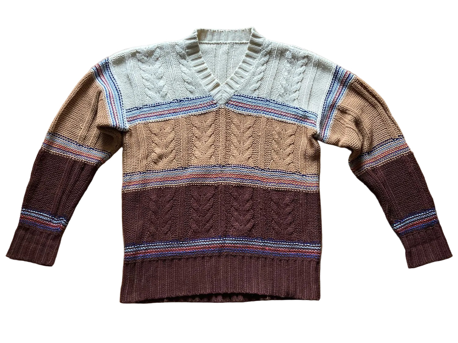 Mehrfarbiger Strickpullover mit V-Ausschnitt und Blockstreifen
