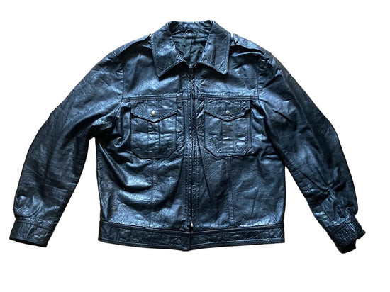 Black Leather Trucker Jacket Long Sleeve Unisex – M