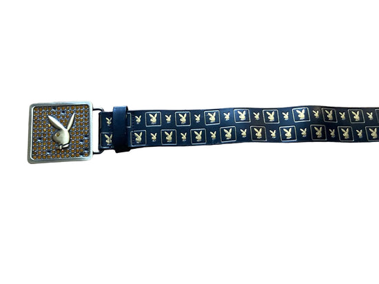 Belt Playboy Black Gold Logo Pattern Rhinestone Buckle – One Size